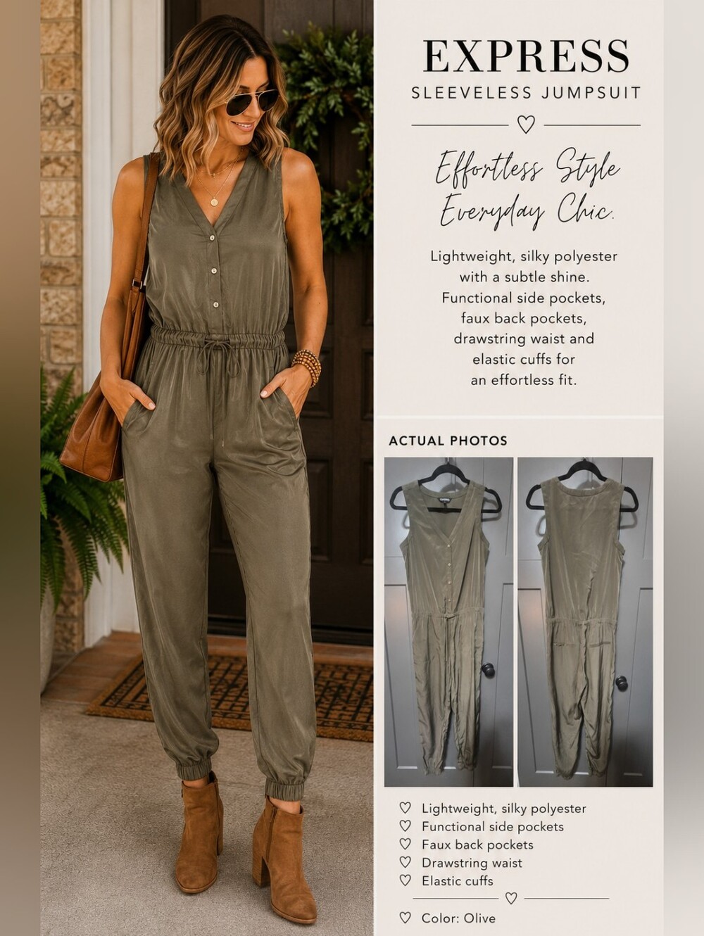 Express XS Petite Olive Sleeveless Utility Jumpsuit – Button Front